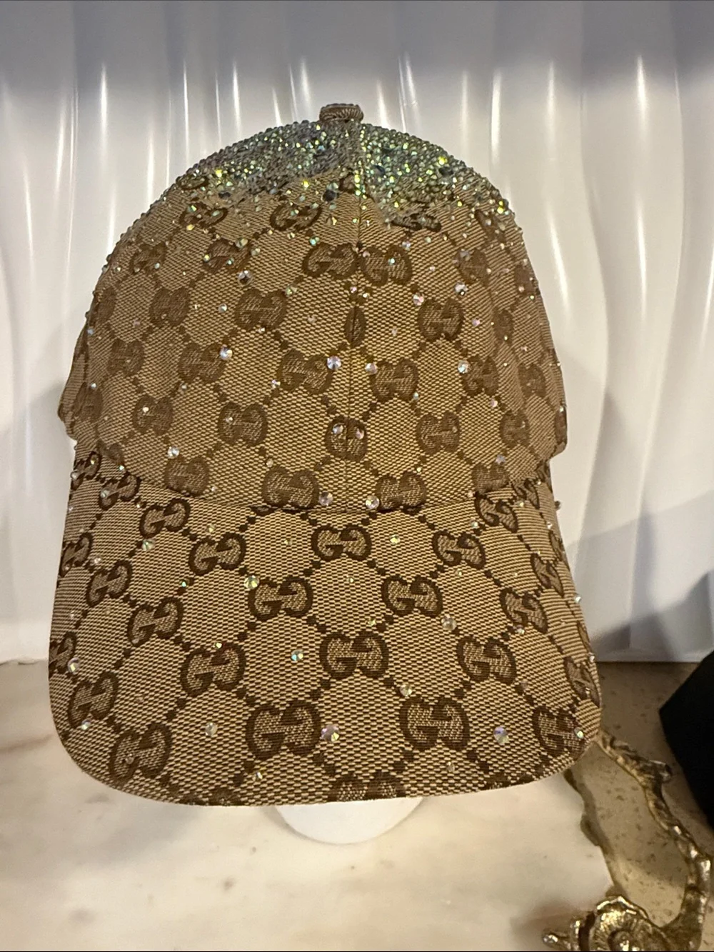 Gucci Brown GG Monogram Crystal Accent Baseball Cap